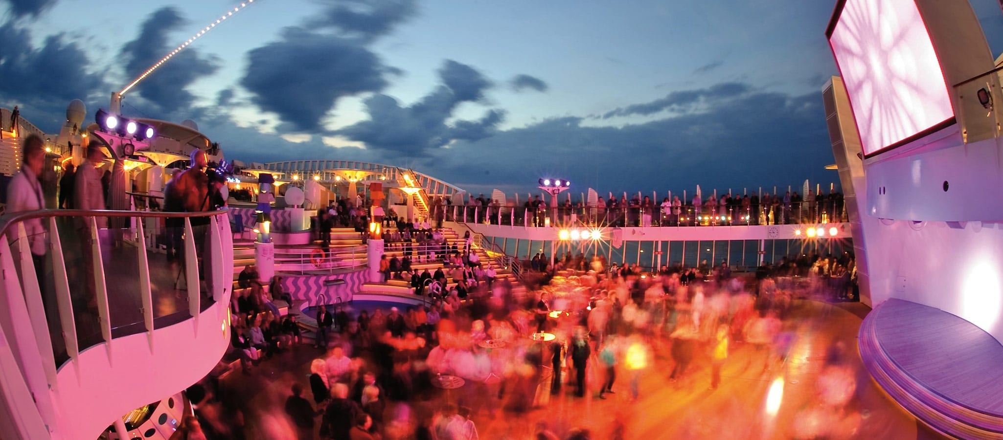 When the weather is splendid, the open pool deck is made into a party location under the stars.